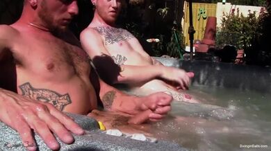 College straight guys jerk off in a hot tub showing off their low hangers