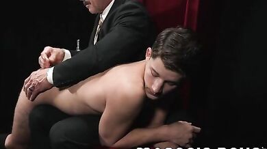 Sexy mustached DILF spanks cute twink